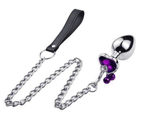 Анальна пробка з кристалом, дзвіночком та поводком Silver Heart Purple ( розмір M ), SKN-BELL 11 SKN-BELL 11 фото