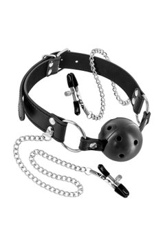 Повітропроникний кляп із затискачами для сосків Fetish Tentation Rigid Gag Ball with Nipple Clamps SO4037 фото