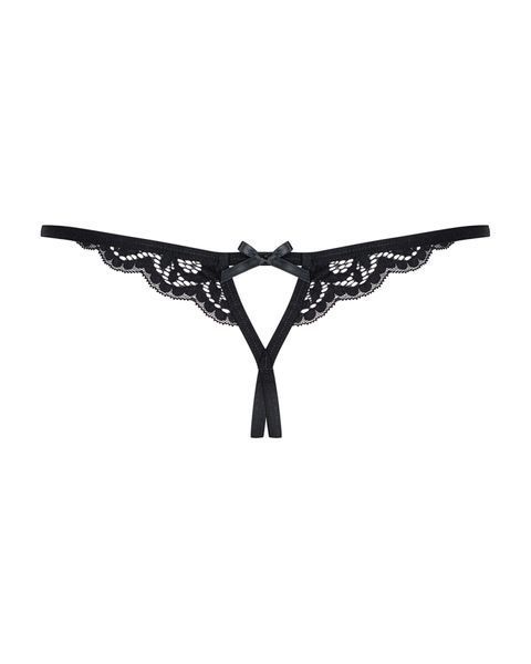 Мереживні танги з двома отворами Obsessive 831-THC-1 crotchless thongL/XL, чорні, бантики SO7176 фото