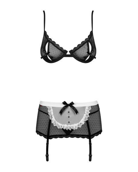 Еротичний костюм покоївки Obsessive Maidme set 5pcs S/M, бюстгальтер, пояс з фартухом, панчохи, стрі SO7290 фото