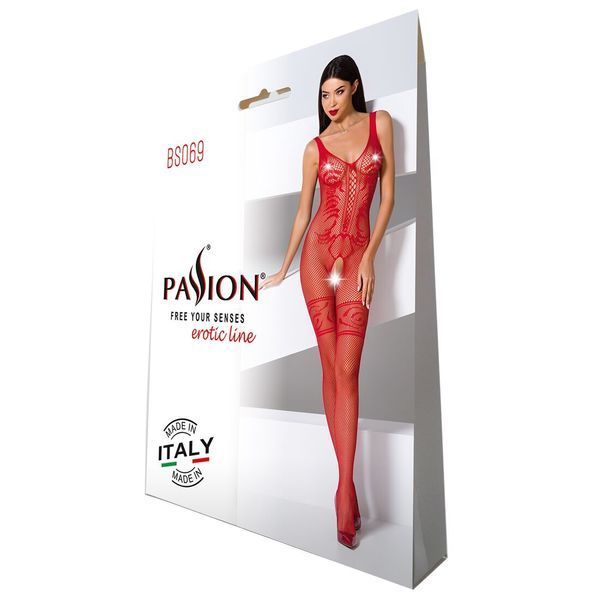 Бодістокінг Passion BS069 red, комбінезон, імітація панчох і боді PBS069R фото