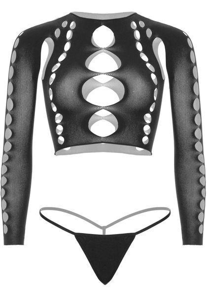 Комплект Leg Avenue Long sleeve crop top & string Black One Size SO9098 фото