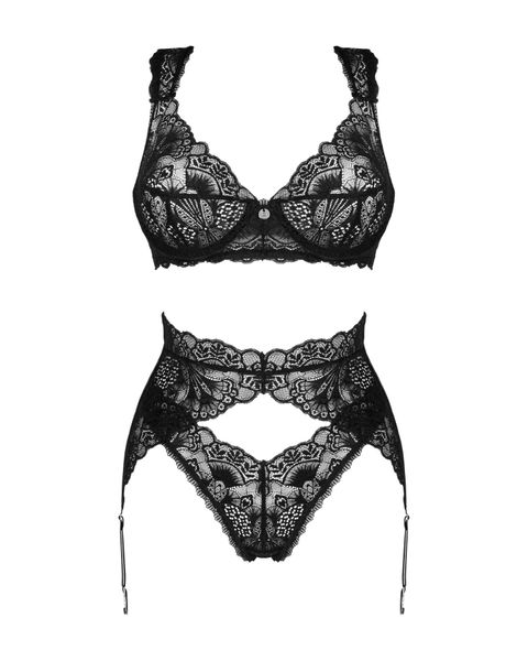 Комплект білизни Obsessive Donna Dream 3-pcs set M/L Black, бюстгальтер, стрінги, пояс для панчіх SO8637 фото