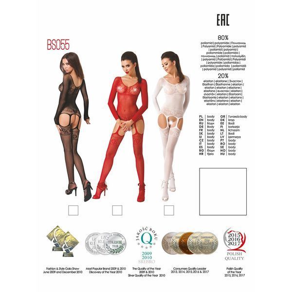 Бодістокінг Passion BS055 red, комбінезон, імітація панчіх і пояса, довгий рукав, закрите плече PBS055R фото