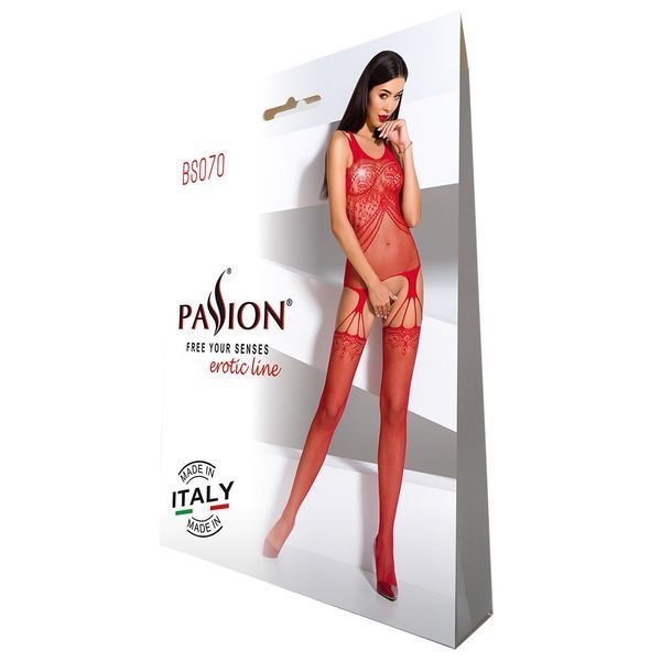 Бодістокінг Passion BS070 red, комбінезон, імітація панчох і ажурного топа PBS070R фото