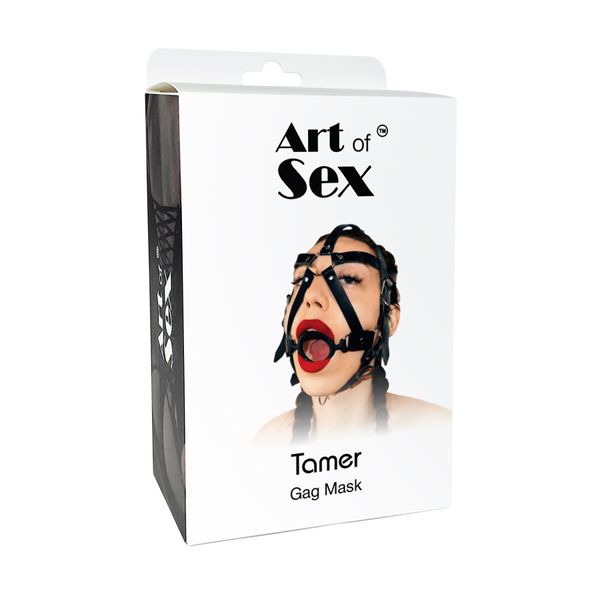 Кляп-маска з силіконовим кільцем Art of Sex - Tamer, Натуральна шкіра, колір Чорний SO9664 фото