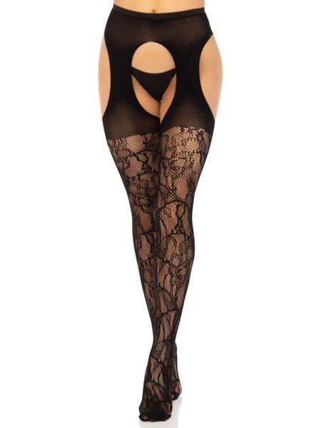 Панчохи Leg Avenue Eyelet lace suspender hose Black One Size SX1063 фото