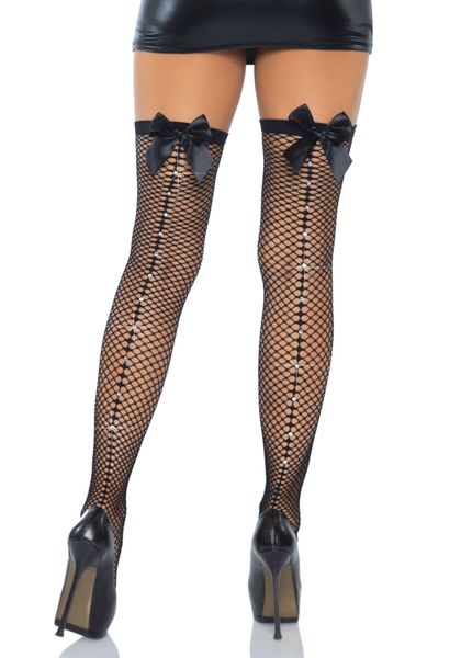 Панчохи-сітка зі швом ззаду Leg Avenue Bow back seam thigh highs One size Black, атласний бант SO8600 фото