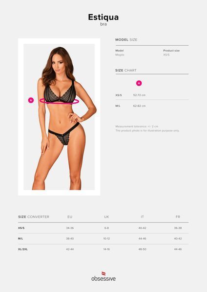 Мереживний бюстгальтер із трикутною чашкою Obsessive Estiqua bra M/L, чорний, широкі лямки SO7259 фото
