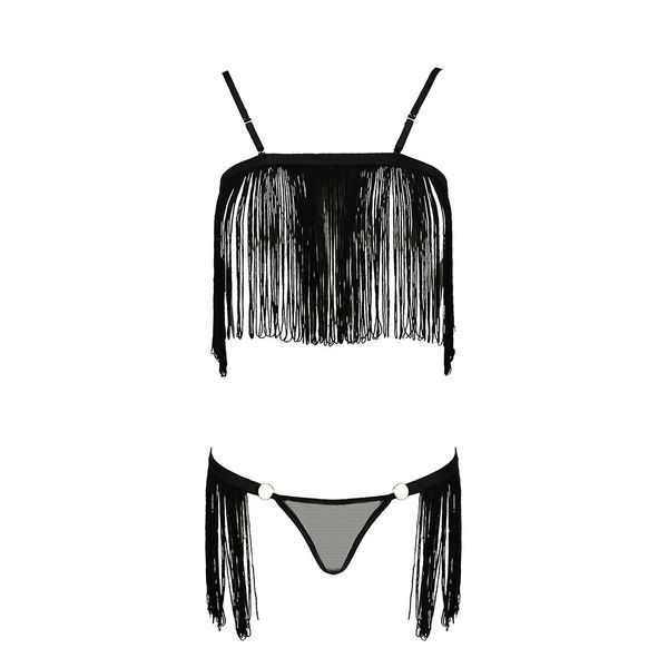 Комплект білизни KASSANDRA SET OpenBra black L/XL - Passion Exclusive: ліф з бахромою, трусики-спідн PS26301 фото