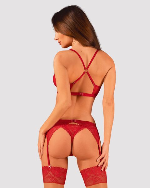 Комплект білизни Obsessive Lacelove cupless 3-pcs set XS/S Red, бюстгальтер, стрінги, пояс для панчі SO8655 фото