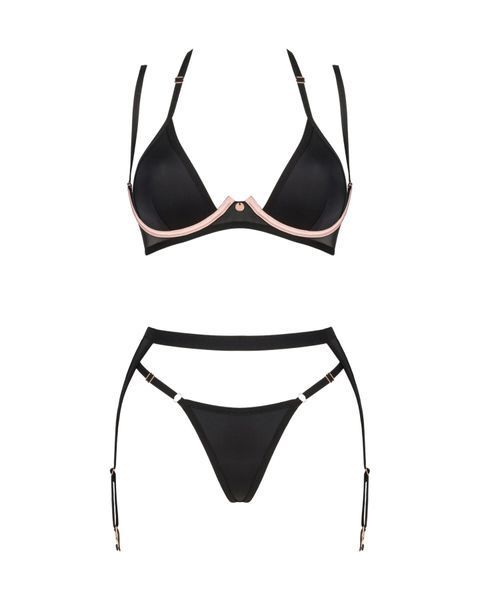 Комплект білизни Obsessive Selinne 3-pcs set M/L Black, бюстгальтер, стрінги пояс для панчіх SO8668 фото