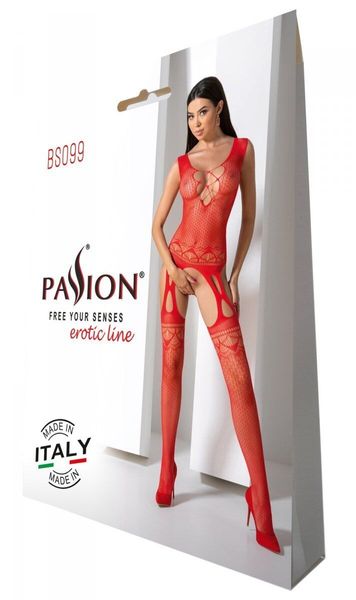 Бодістокінг з плетінням на грудях Passion BS099 One Size, red, відкритий доступ, імітація підв’язок SO8939 фото