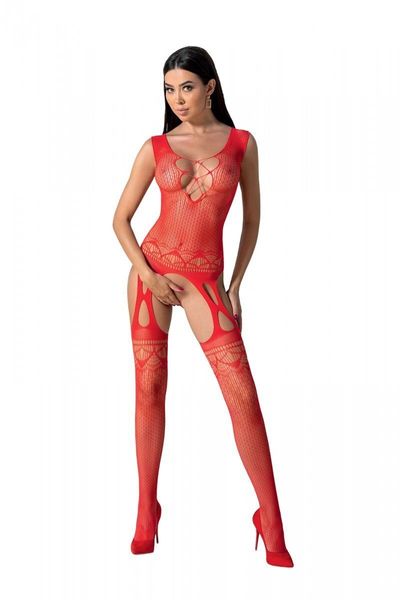 Бодістокінг з плетінням на грудях Passion BS099 One Size, red, відкритий доступ, імітація підв’язок SO8939 фото