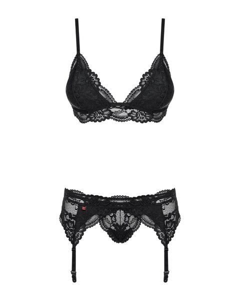 Мереживний комплект білизни Obsessive 810-SEG-1 L/XL Black, бюстгальтер, стрінги, пояс для панчіх SO7164 фото