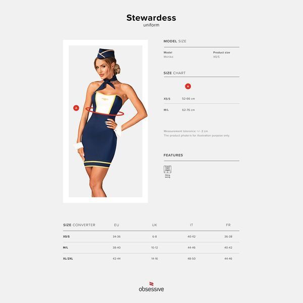 Еротичний костюм стюардеси Obsessive Stewardess uniform M/L, blue, сукня, пілотка, шарф, манжети SO7730 фото