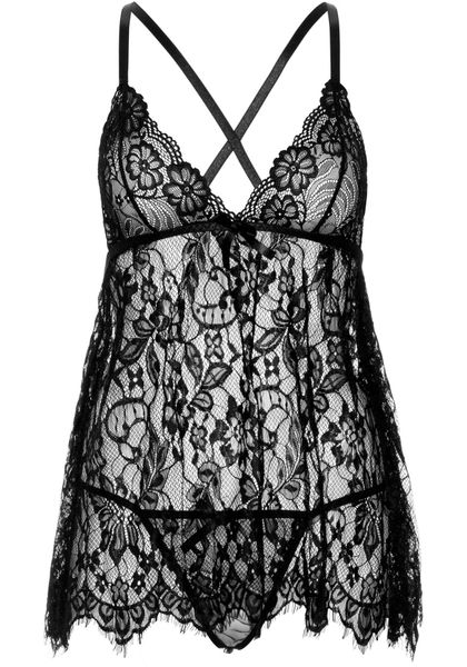 Пеньюар Leg Avenue Floral lace babydoll & string Black S SO9169 фото