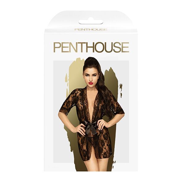 Комплект пеньюар з декором у вигляді троянд та стрінгами Penthouse - Sweet Retreat Black S/L SO4364 фото