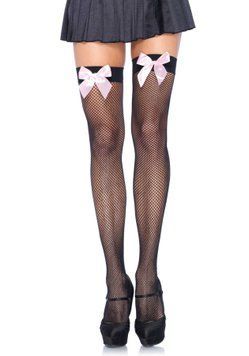 Панчохи-сітка з атласним бантиком Leg Avenue Fishnet Thigh Highs One size Black With Bow Pink SO8596 фото