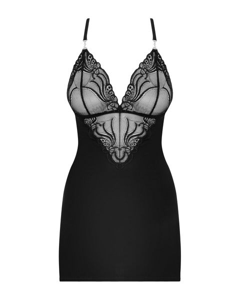 Сатиновий комплект для сну з мереживом Obsessive 828-CHE-1 chemise & thong L/XL, чорний, сорочка SO7172 фото