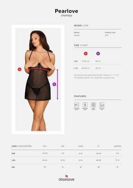 Прозора сорочка з відкритими грудьми Obsessive Pearlove chemise & thong black S/M, трусики SO7877 фото