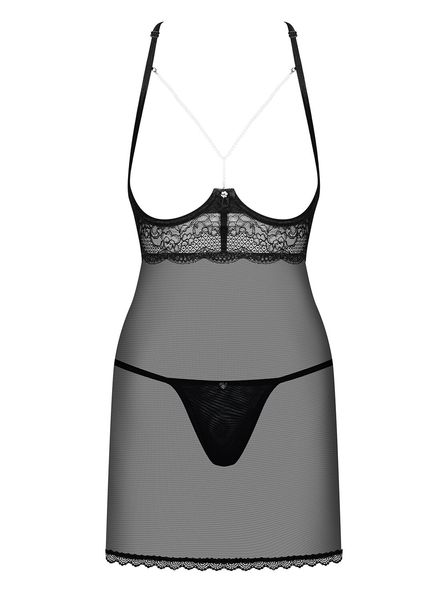 Прозора сорочка з відкритими грудьми Obsessive Pearlove chemise & thong black S/M, трусики SO7877 фото