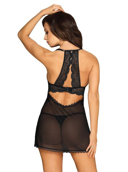 Прозора сорочка з відкритими грудьми Obsessive Pearlove chemise & thong black S/M, трусики SO7877 фото