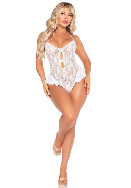 Боді Leg Avenue Lace Floral Lace Halter Teddy with Flutter Accent One Size, White SX1756 фото