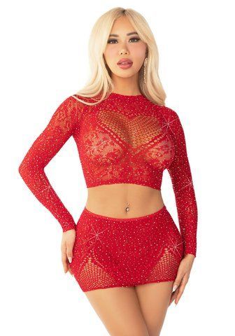 Блискучий комплект кроп-топ і спідниця Leg Avenue Rhinestone One Size, Red SX1745 фото